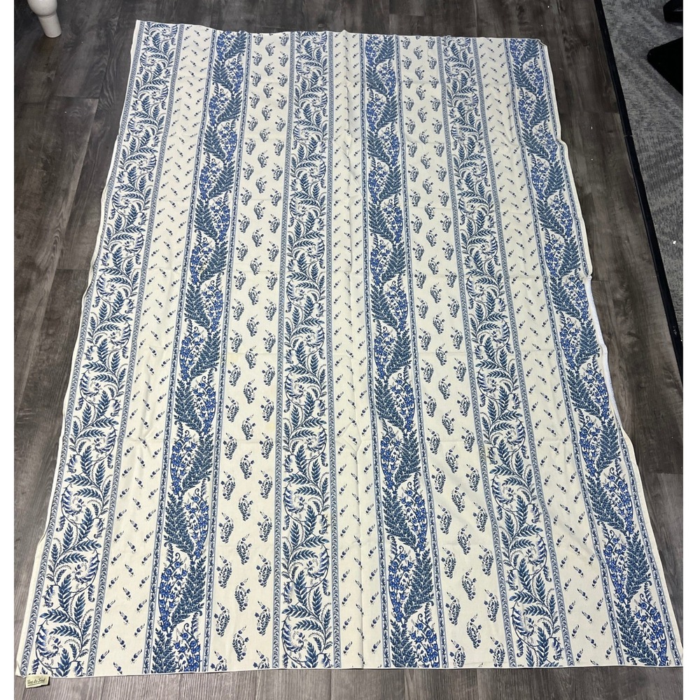 Vent du Sud French Cotton Tablecloth Blue Cream Floral Stripe France 78x55